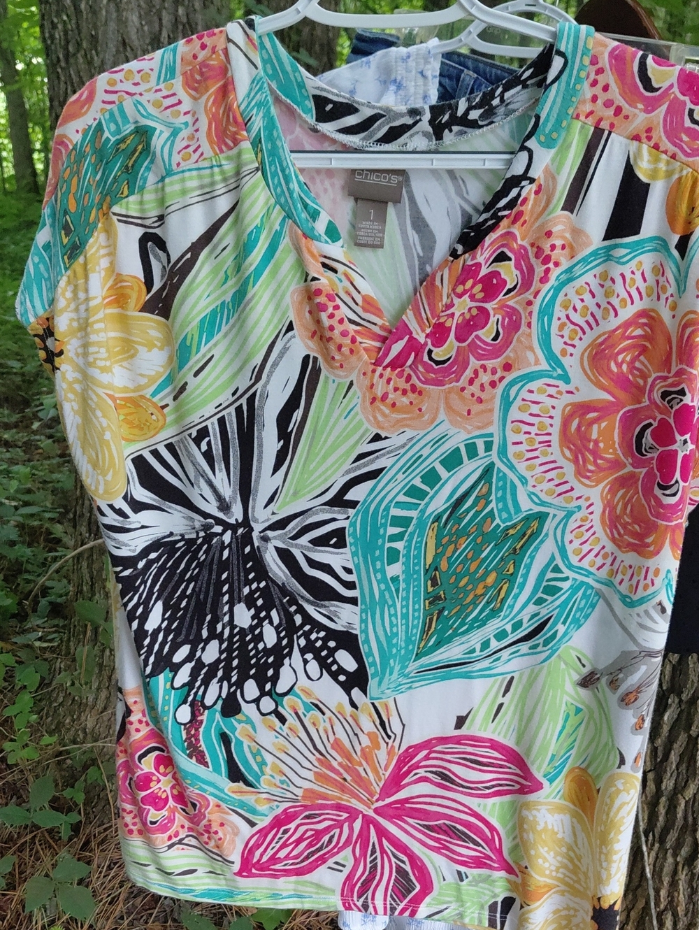 Chico's Teal Pink Yellow Floral V-Neck Camisole